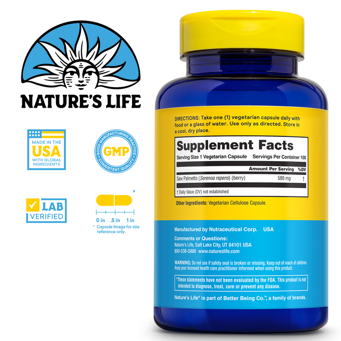 NATURE'S LIFE Saw Palmetto for Men 580mg - Traditional Prostate Supplement - Men's Health, Prostate and Urinary Tract Support w/ Beta Sitosterol Plant Sterols, 60-Day Guarantee, 100 Serv, 100 Capsules