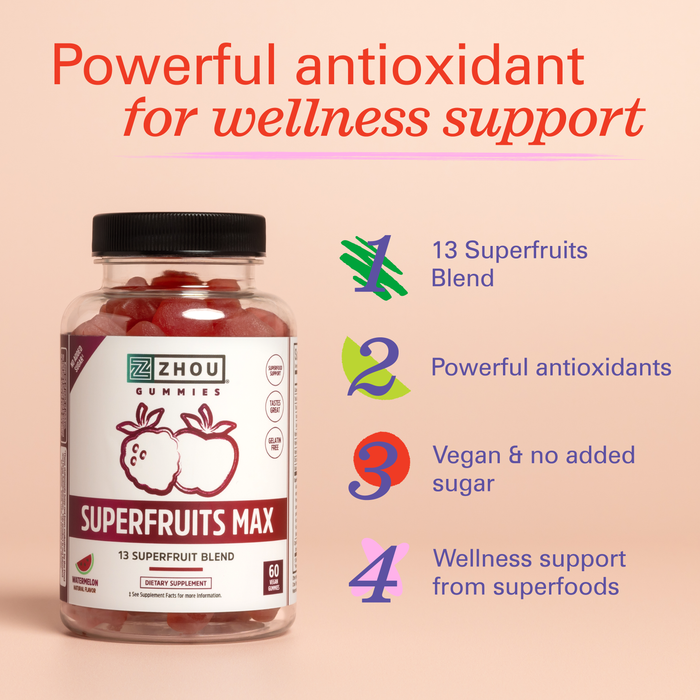 Zhou Nutrition Superfruit Multivitamin Gummies, 13 Natural Superfruits, Rich in Vitamin A, C, E, Zinc Gummies, Superfood Supplement, Immunity, Digestion & Energy, No Added Sugar, 60 Vegan Gummies