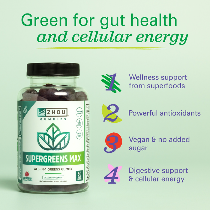 Zhou Supergreens Max Gummies, Greens Antioxidant Blend, Superfood Support Supplement, Digestion and Immune Health, Cellular Energy, Prebiotic and Probiotic Blend, No Added Sugar, 60 Vegan Gummies