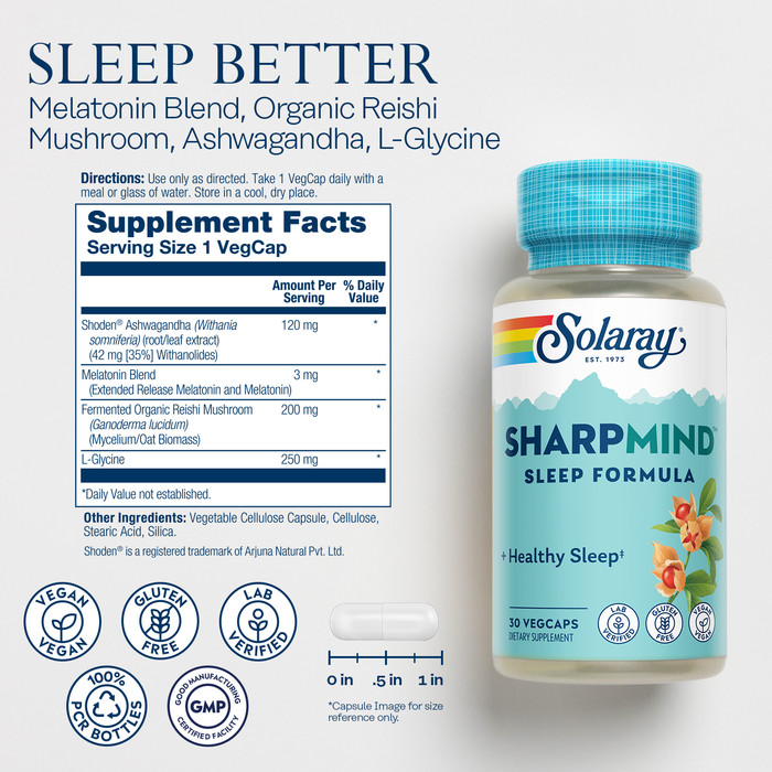 Solaray SharpMind Sleep, Nootropic Sleep Aid Formula, Nootropics Brain Support Supplement for a Calm Mood and Healthy Sleep with Slow Release Melatonin 3mg, 60 Day Guarantee, 30 Servings, 30 VegCaps