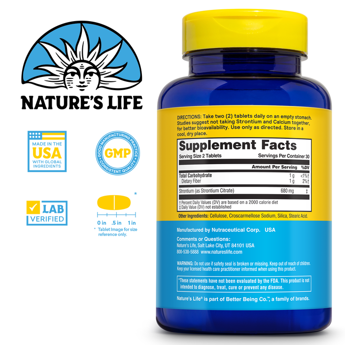 NATURE'S LIFE Strontium Citrate 680mg - Chelated Strontium Supplement - Trace Minerals Support - High Absorption, Gentle Digestion, 60-Day Guarantee, Lab Verified, 30 Servings, 60 Vegetarian Tablets