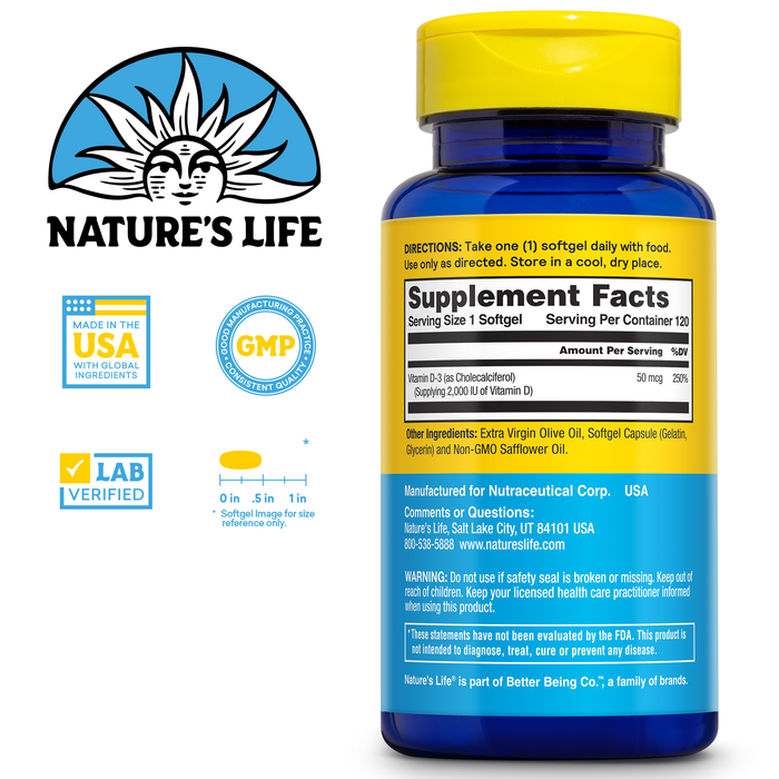 NATURE'S LIFE Strengthening Vitamin D3 2000 IU (50 mcg) - Vitamin D - Bone Health and Immune Support Supplement - Easy-to-Swallow Softgels - 60-Day Guarantee, Lab Verified - 120 Servings, 120ct