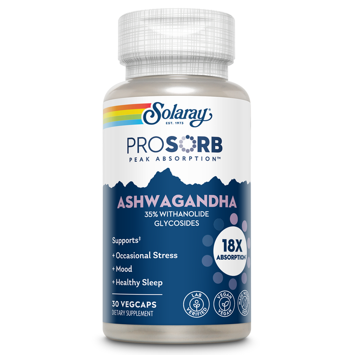 SOLARAY Ashwagandha Capsules 18X Absorption - Ashwagandha Root and Leaf Extract 240 mg - Occasional Stress Relief, Sleep and Mood Support Supplement - Vegan, 60-Day Guarantee - 30 Servings, 30 VegCaps