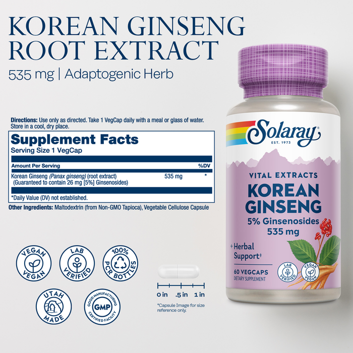 Solaray Korean Ginseng Root Extract - Herbal Support for Occasional Stress, Energy, and Physical Endurance - 5% Ginsenosides - Vegan, Lab Verified - 60 Servings, 60 VegCaps