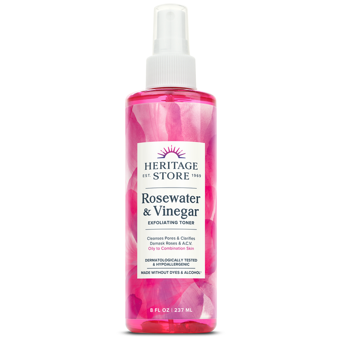 HERITAGE STORE Rosewater & Vinegar - Exfoliating Toner with Apple Cider Vinegar - Oily to Combination Skin - Refreshing Facial Mist Cleans, Refines Pores and Clarifies Skin Hypoallergenic, Vegan, 8oz (8oz)