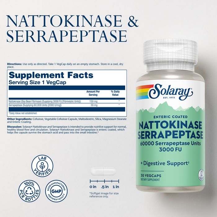 Solaray Nattokinase Serrapeptase Supplement - Enteric Coated - 3000 FU Nattokinase Supplement - Circulation, Cardiovascular, Sinus Support - Lab Verified, 60-Day Guarantee - 30 Servings, 30 VegCaps