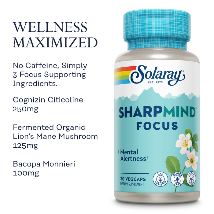 Solaray SharpMind Focus, Mental Alertness Nootropic Supplement, Each Capsule with Cognizin Citicoline, Lions Mane Mushroom, Bacopa Monnieri, Vegan, 60 Day Money Guarantee, 30 Serv 30 Vegetarian Caps