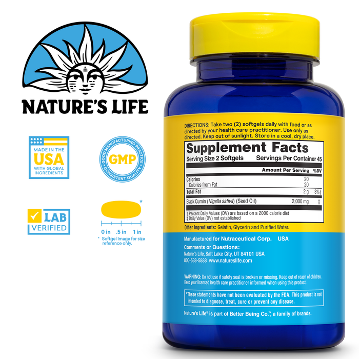NATURE'S LIFE Black Seed Oil 2000mg - Nigella Sativa Oil, Cold Pressed from Black Seeds - w/ Thymoquinone, Omega 6 9 - Joint Support, Digestion, Immune Support - 60-Day Guarantee, 45 Serv, 90 Softgels