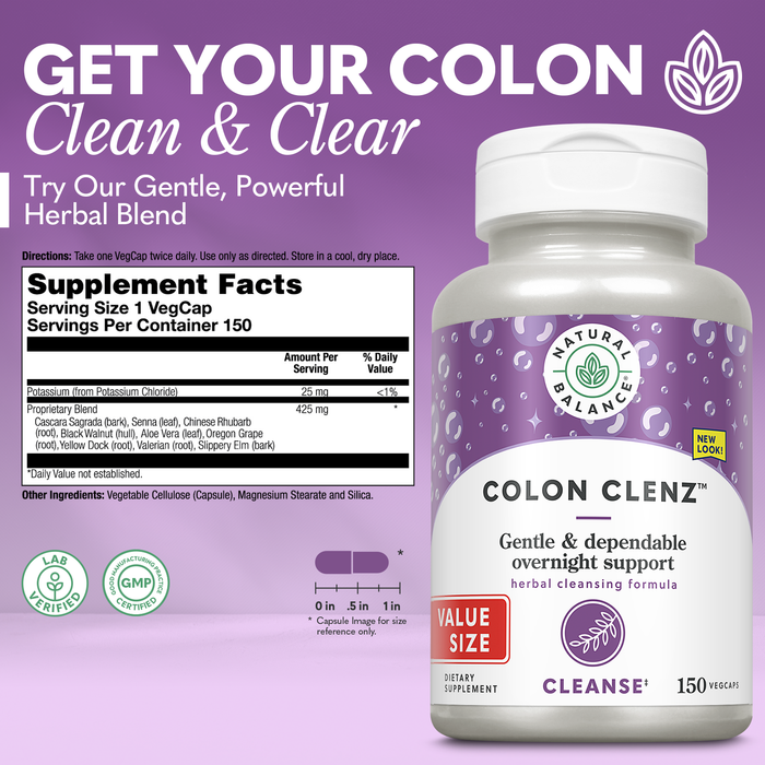 Natural Balance Colon Clenz | Herbal Colon Cleanse, Detox Cleanse, and Digestive Health Supplement - Gentle and Dependable Overnight Formula - 60-Day Guarantee (150 Servings, 150 VegCaps)