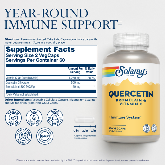 Solaray Quercetin Bromelain & Vitamin C, Immune System, Sinus, Respiratory & Antioxidant Activity Support, Vegan, 500mg of Quercetin & 1,235mg of Vit C, 60 Count (120 CT, 40 Serv)