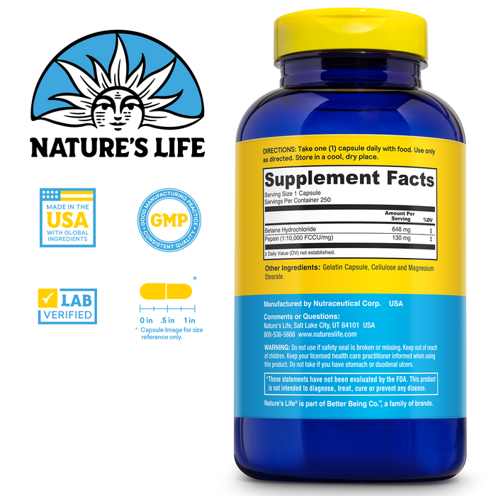 NATURE'S LIFE Betaine HCL with Pepsin - Digestive Health Formula with Digestive Enzymes for Gut Health Support - High Potency Hydrochloric Acid Supplement, 60-Day Guarantee, 250 Servings, 250 Capsules