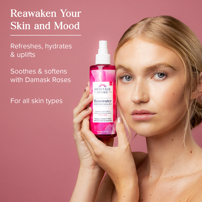HERITAGE STORE Rosewater - Refreshing Facial Mist for Glowing Skin with Damask Rose, All Skin Types - Rose Water Spray for Face, Made Without Dyes or Alcohol, Hypoallergenic, Vegan, Cruelty Free, 4oz