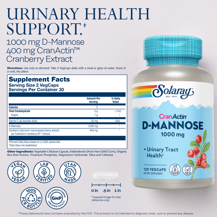 Solaray D-Mannose 1000mg with CranActin Cranberry Extract - D Mannose Cranberry Supplement with Vitamin C - Supports Urinary Tract and Bladder Health - Vegan, 60 Day Guarantee, 30 Servings, 60 VegCaps (120 CT)