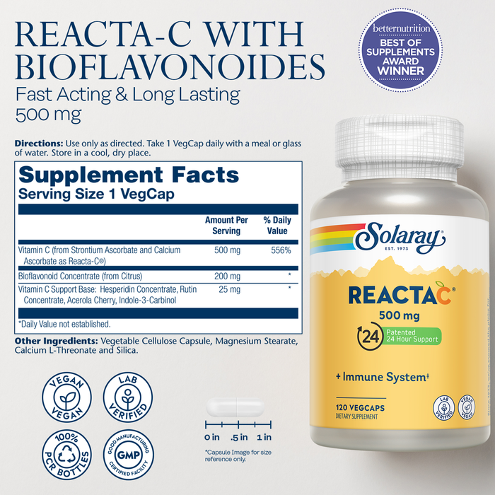 Solaray Reacta-C with Vitamin C 500mg - 200mg Bioflavonoid Concentrate, Immune Defense Vitamins - Patented 24 Hour Immune Support Supplement - Vegan - 120 Capsules, 120 Servings