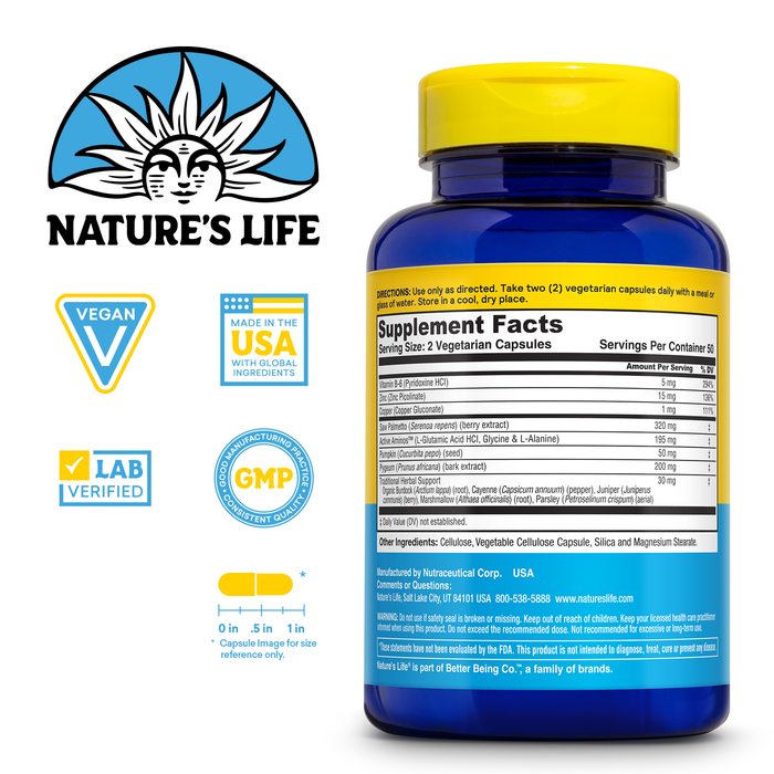 Nature's Life Prostate Maintain - Prostate Support Supplement for Men's Health - Saw Palmetto, Pygeum Herbal Complex and Zinc Supplements - 50 Servings, 100 Vegetarian Capsules