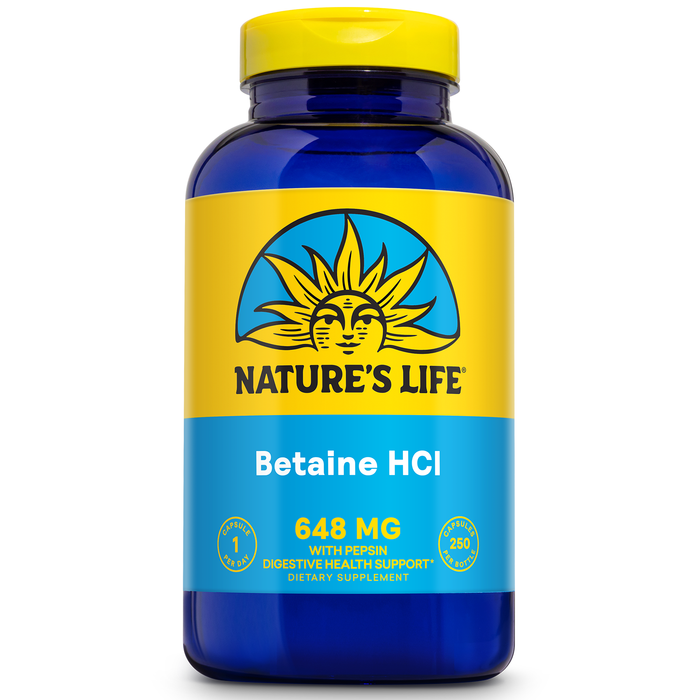 NATURE'S LIFE Betaine HCL with Pepsin - Digestive Health Formula with Digestive Enzymes for Gut Health Support - High Potency Hydrochloric Acid Supplement, 60-Day Guarantee, 250 Servings, 250 Capsules