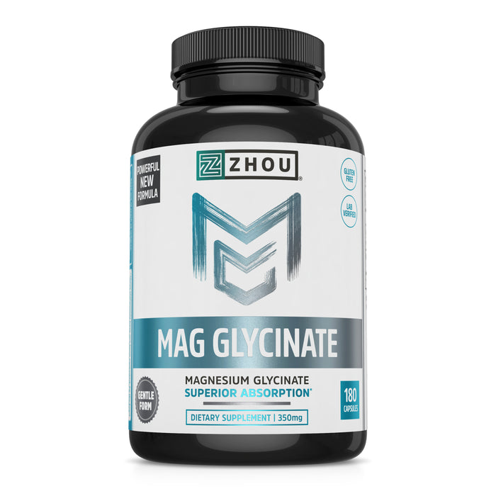 Zhou Magnesium Glycinate Complex 350 mg, High Absorption, Muscle Relaxation & Recovery, Healthy Sleep, Bone Strength, Heart Health, Vegan, Non-GMO, 45 Servings, 180 Capsules