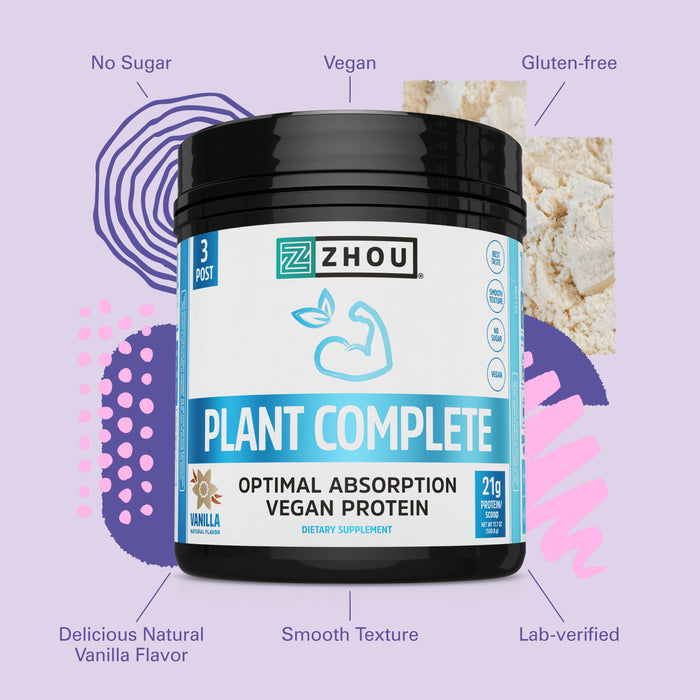 Zhou Nutrition Plant Complete Vanilla Protein | Easy to Digest | Muscle Recovery | 16 servings 