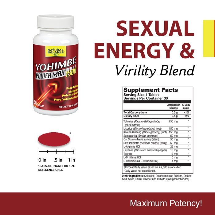 Natural Balance Yohimbe PowerMax 1500 | Sexual Energy & Virility Support w/ Yohimbe, Ginseng & Taurine | 30 CT