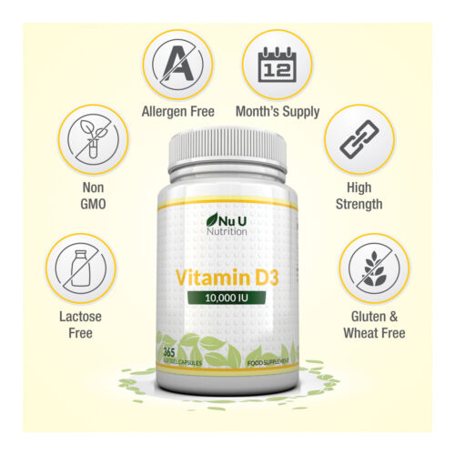Vitamin D3 10000 IU 5 X Bottles 365 Tablets 1 Full Year Supply by Nu U Nutrition