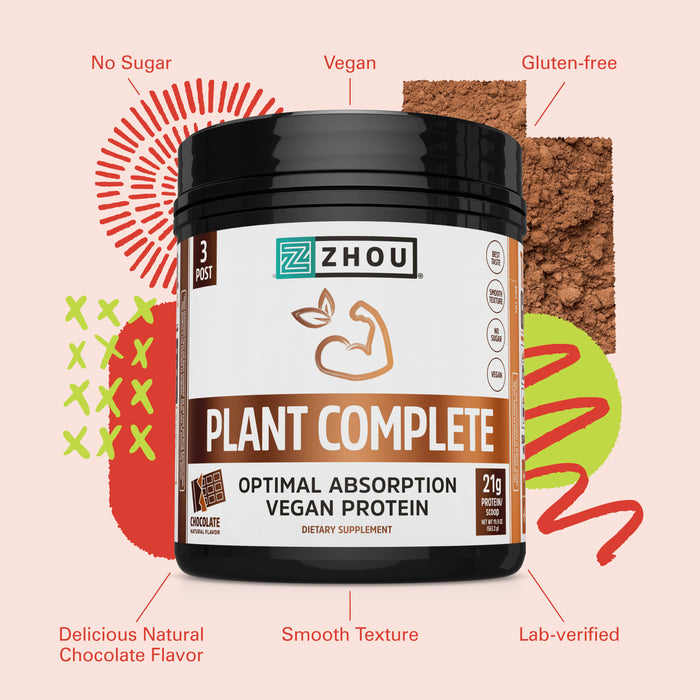 Zhou Nutrition Plant Complete Chocolate Protein | Easy to Digest | Muscle Recovery | 16 Servings