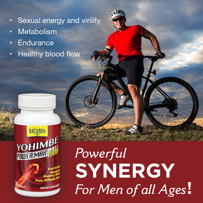 Natural Balance Yohimbe PowerMax 1500 | Sexual Energy & Virility Support w/ Yohimbe, Ginseng & Taurine | 30 CT