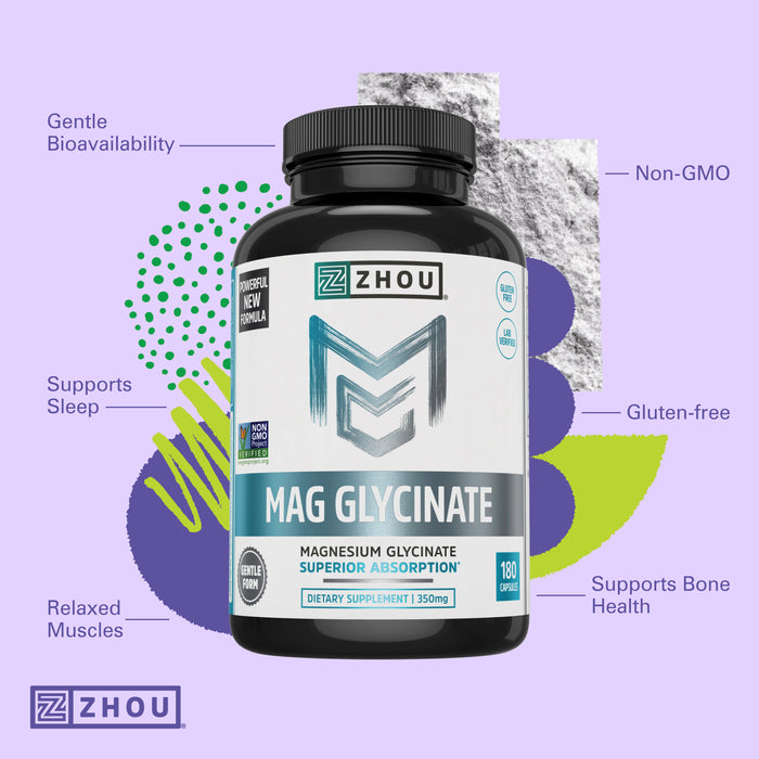 Zhou Magnesium Glycinate Complex 350 mg, High Absorption, Muscle Relaxation & Recovery, Healthy Sleep, Bone Strength, Heart Health, Vegan, Non-GMO, 45 Servings, 180 Capsules